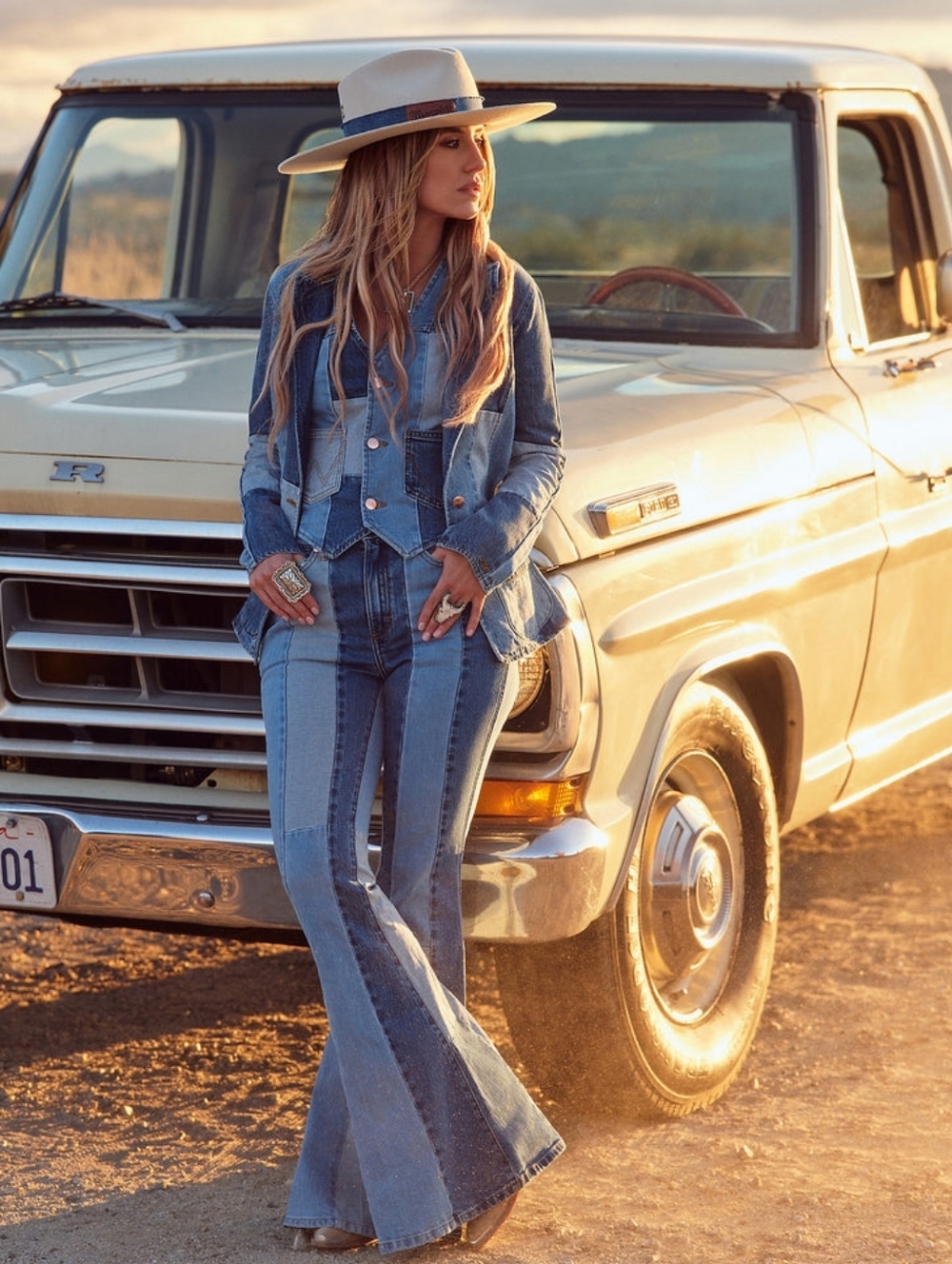 Wrangler x Lainey Wilson Patchwork Bell Bottoms Two-Tone Blue Flare Jeans